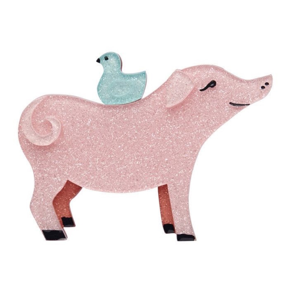 Erstwilder Cyril & Cynthia Brooch Cute Pig & Bird